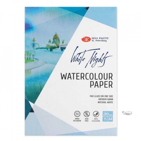 White Nights Watercolour Pad,  100% Cellulose Natural White 280gsm, medium grain A4 15 sheets