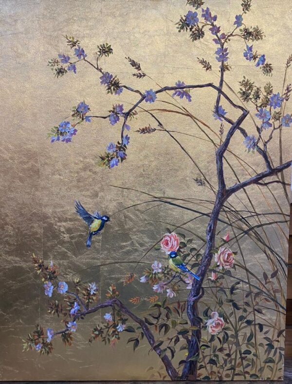 Flowers and Birds on a Gold Leaf Background, Painted in Acrylic on Canvas